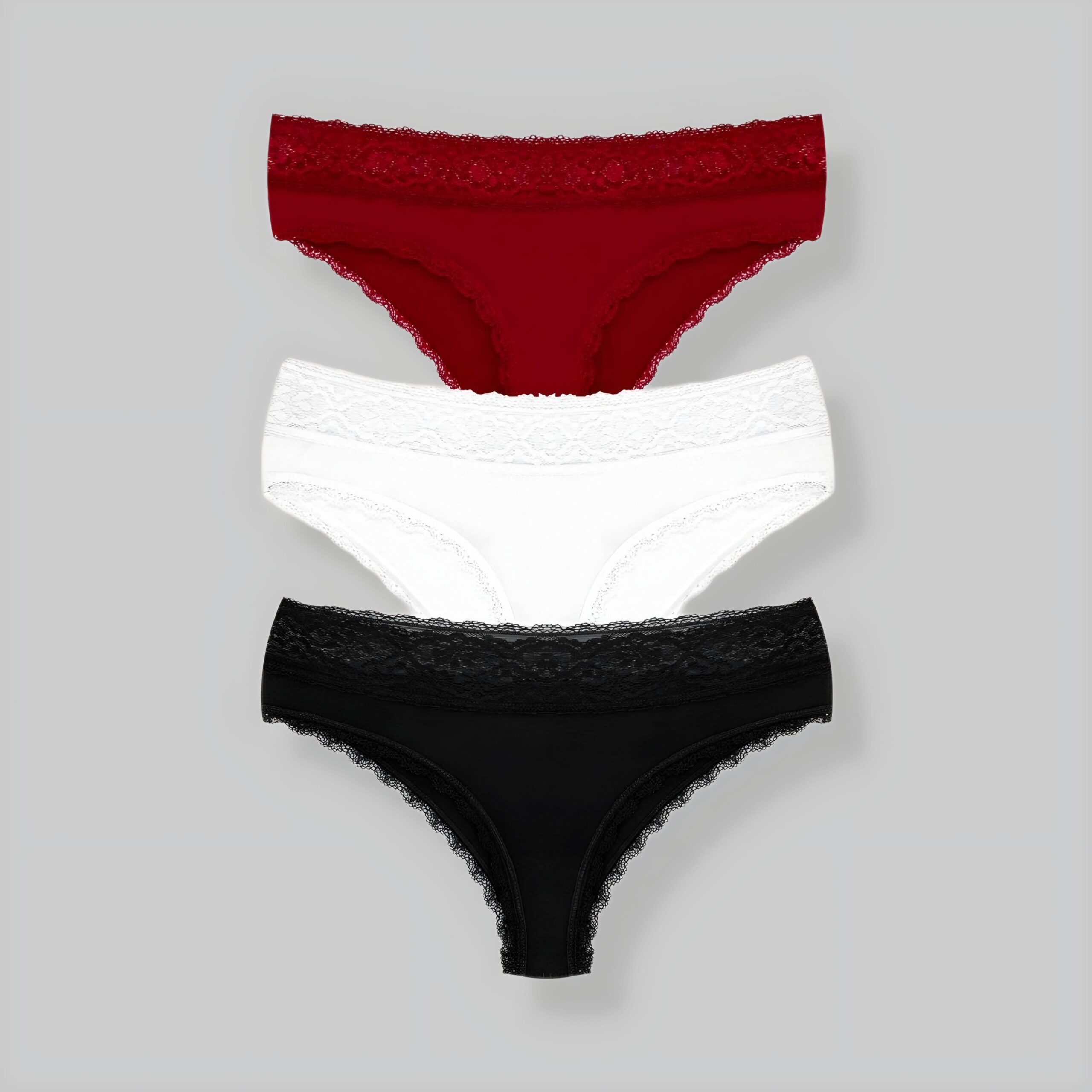 Set van 3 dameskanten sexy bikini's - Katoenen kant in verschillende kleuren