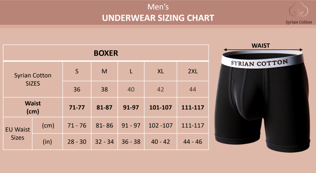 Men's underwear sizing table detailing Syrian Cotton and EU waist sizes - Boxer size table