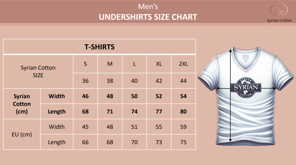 Syrain Cotton NL Men's undershirt size chart with Syrian Cotton and EU size comparisons. T-shirt size table