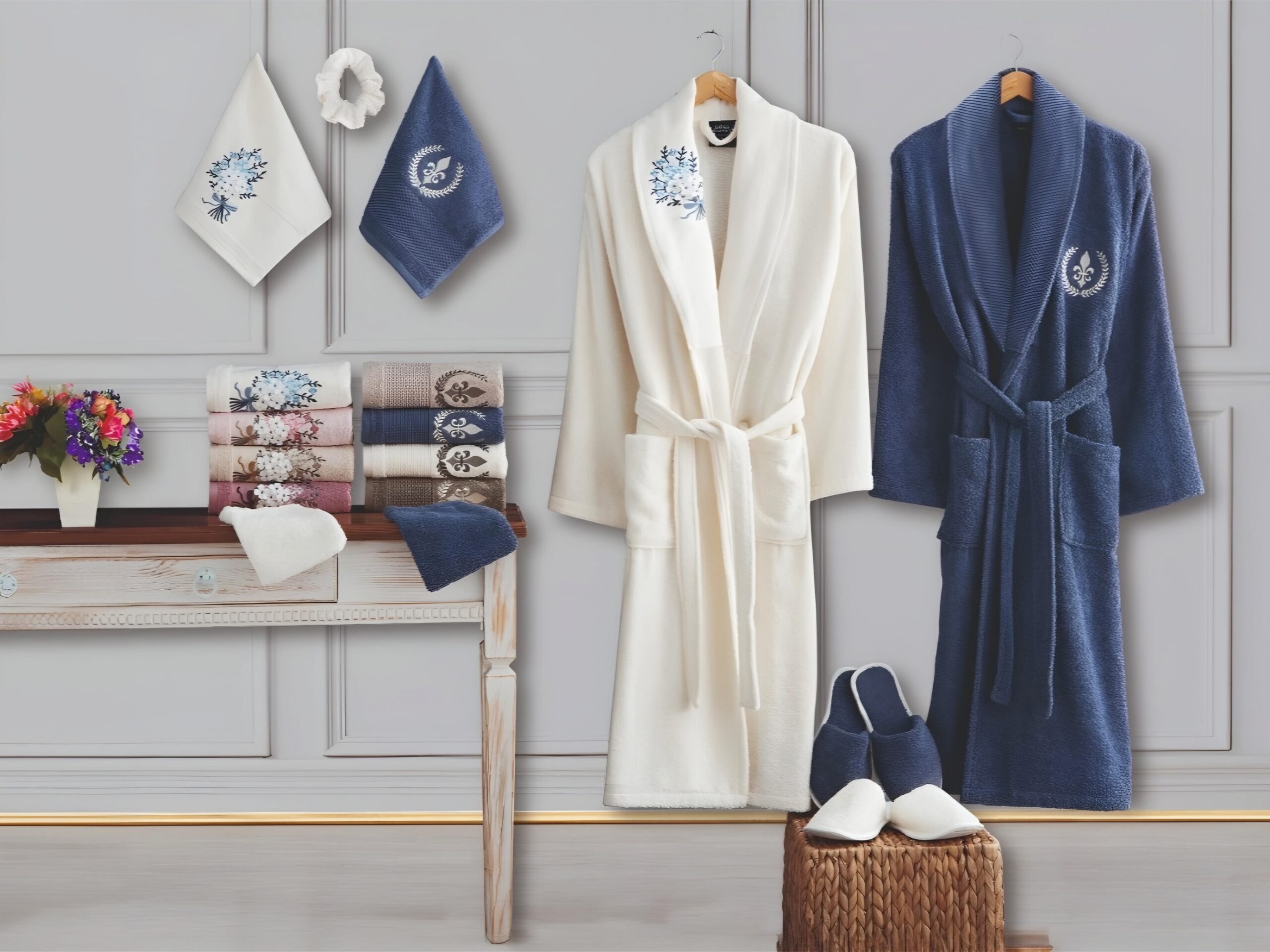 Luxe Katoenen Badjasset en Handdoekenset in Elegante Huiselijke Sfeer Cotton bathrobe set