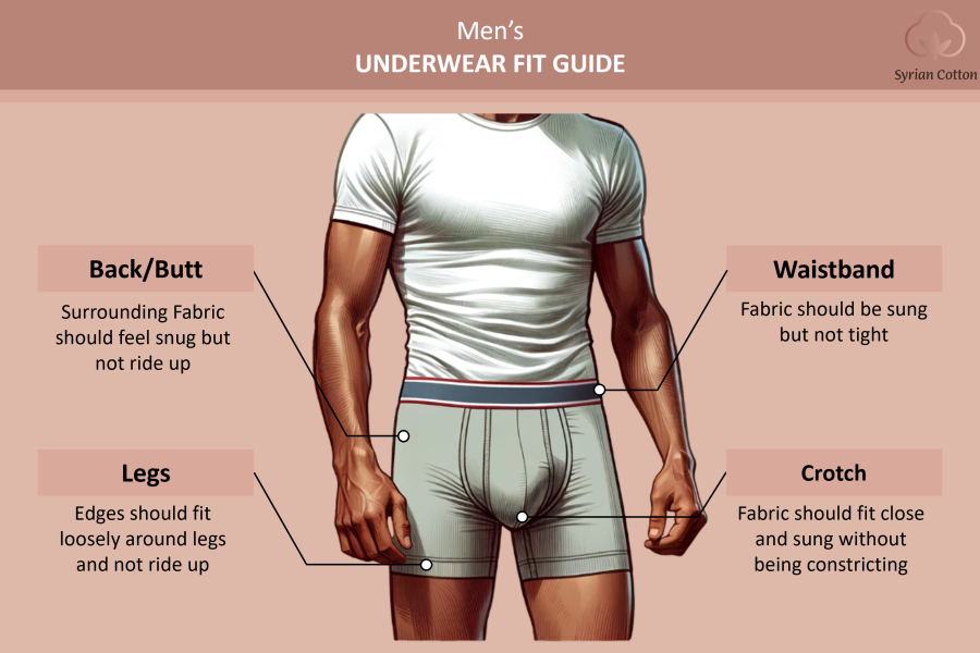 Syrian Ctton Illustrated guide for men's underwear fit focusing on back, waistband, crotch, and legs - Boxer fit tips - Trunk fit tips